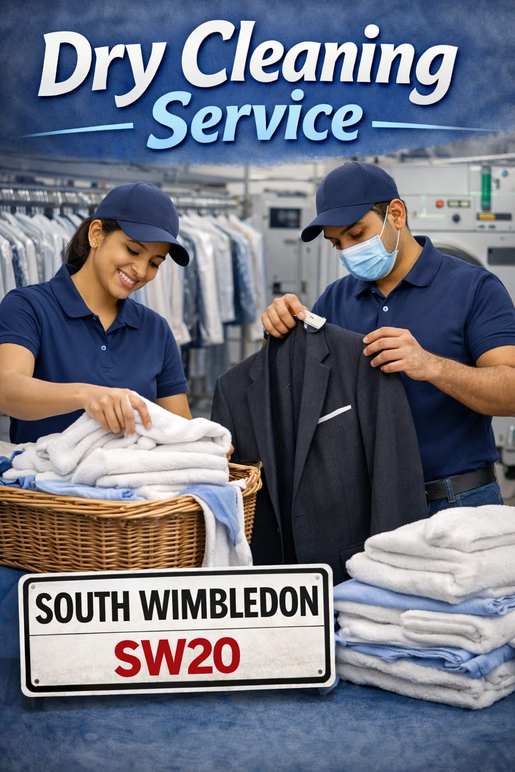 Professional dry cleaning staff in blue uniforms handling freshly cleaned laundry and suits at The Big Wash dry cleaning facility in South Wimbledon SW20